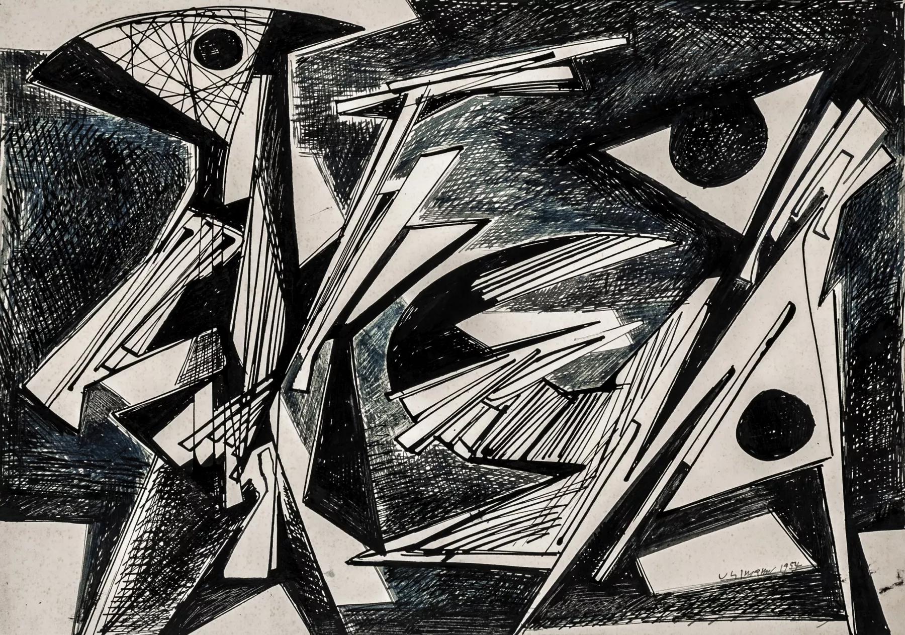 Artwork by Hans Uhlmann, Ohne Titel. Komposition, Made of Farbige Tuschen auf leichtem Karton