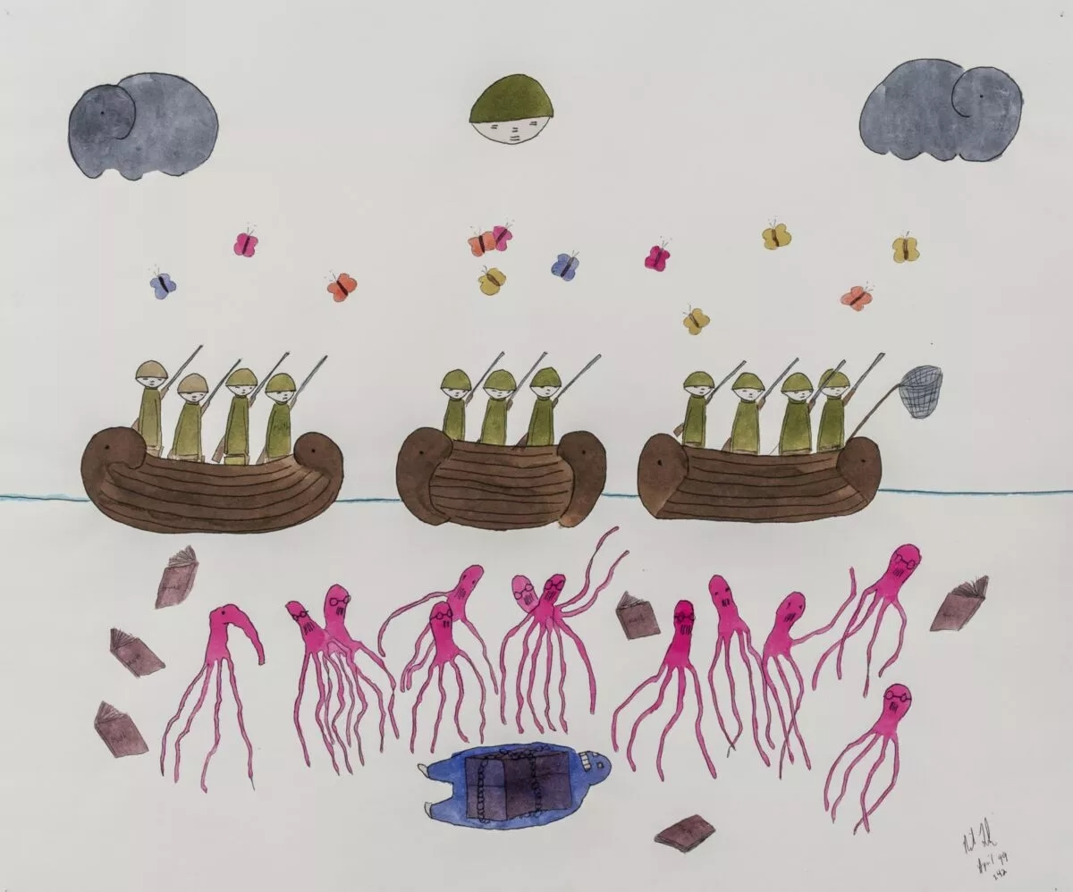 Artwork by Neil Farber, Ohne Titel. Soldaten, Mathebücher und Tintenfische., Made of Aquarell und Tuschezeichnung auf Papier