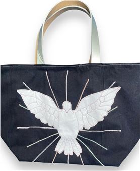 Navy blue lined tote bag with embroidered applique on natural denim with PU silver handles - Lynda Barry
