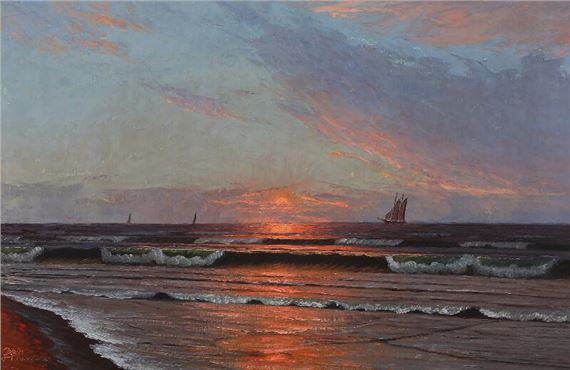 Gustav P. Rimmer | Coastal scenery with a sunset (1988) | MutualArt