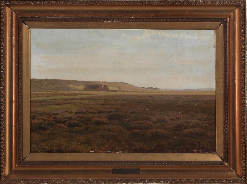 Artwork by Harald Frederik Foss, Heath landscape with a view towards a farm, Made of Oil on canvas