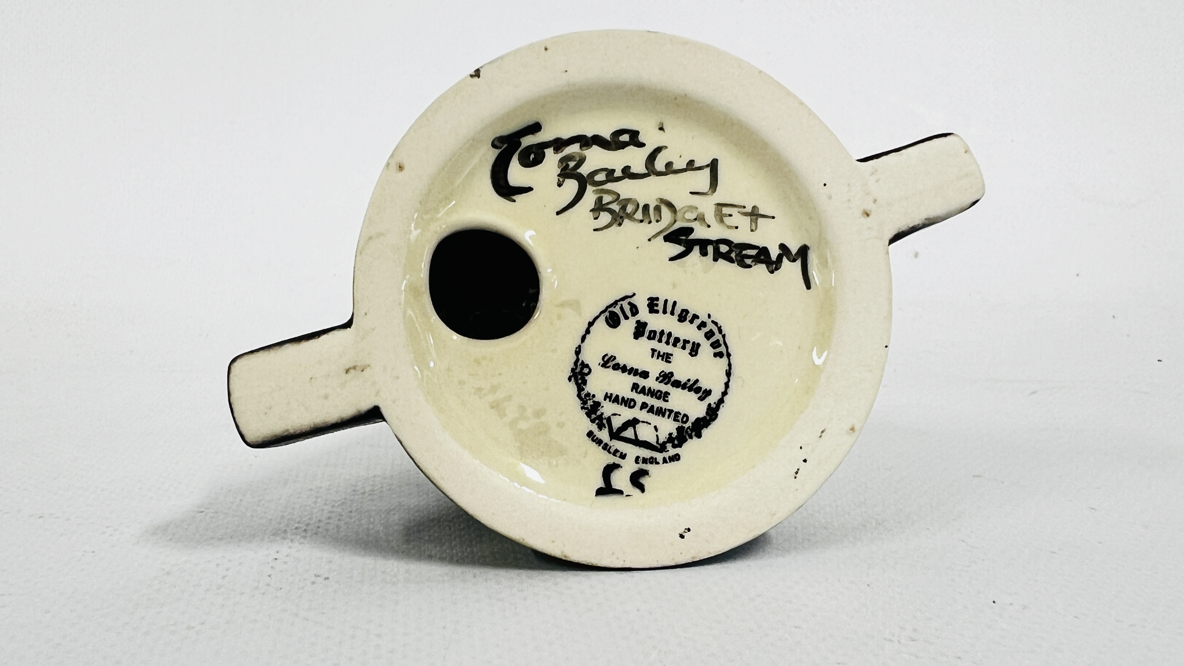 Artwork by Lorna Bailey, A LORNA BAILEY SIFTER "BRIDGE & STREAM" H 12.5CM BEARING SIGNATURE