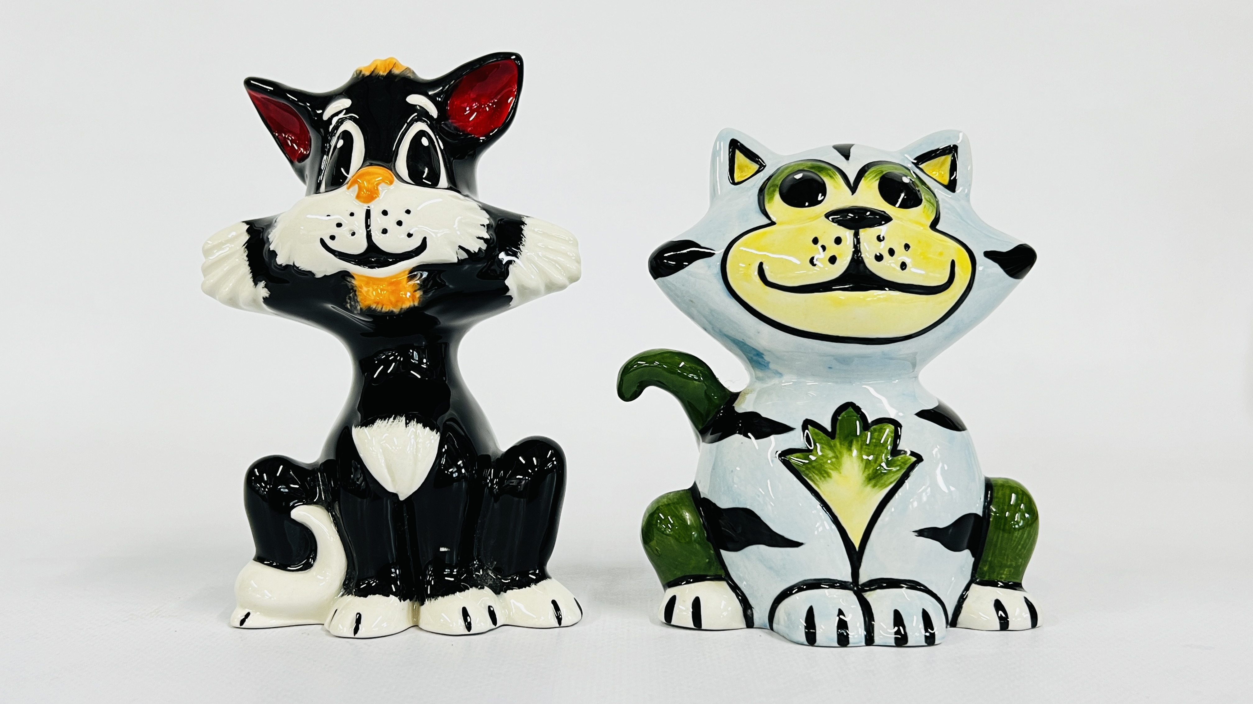 Artwork by Lorna Bailey, TWO LORNA BAILEY CAT ORNAMENTS TO INCLUDE "INKY" BEARING SIGNATURES H 12.5 & H 11.5CM, Made of INK