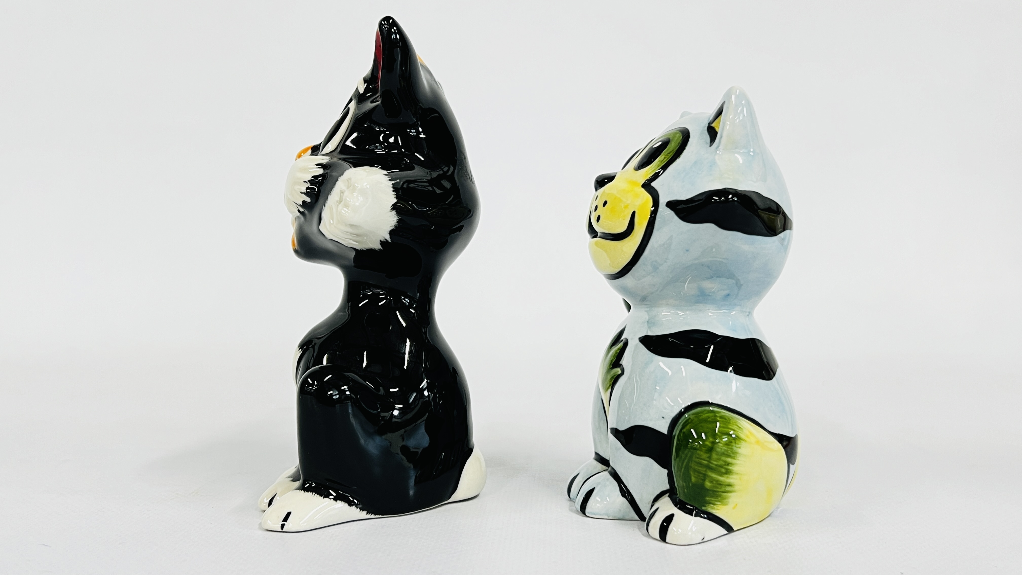 Artwork by Lorna Bailey, TWO LORNA BAILEY CAT ORNAMENTS TO INCLUDE "INKY" BEARING SIGNATURES H 12.5 & H 11.5CM, Made of INK