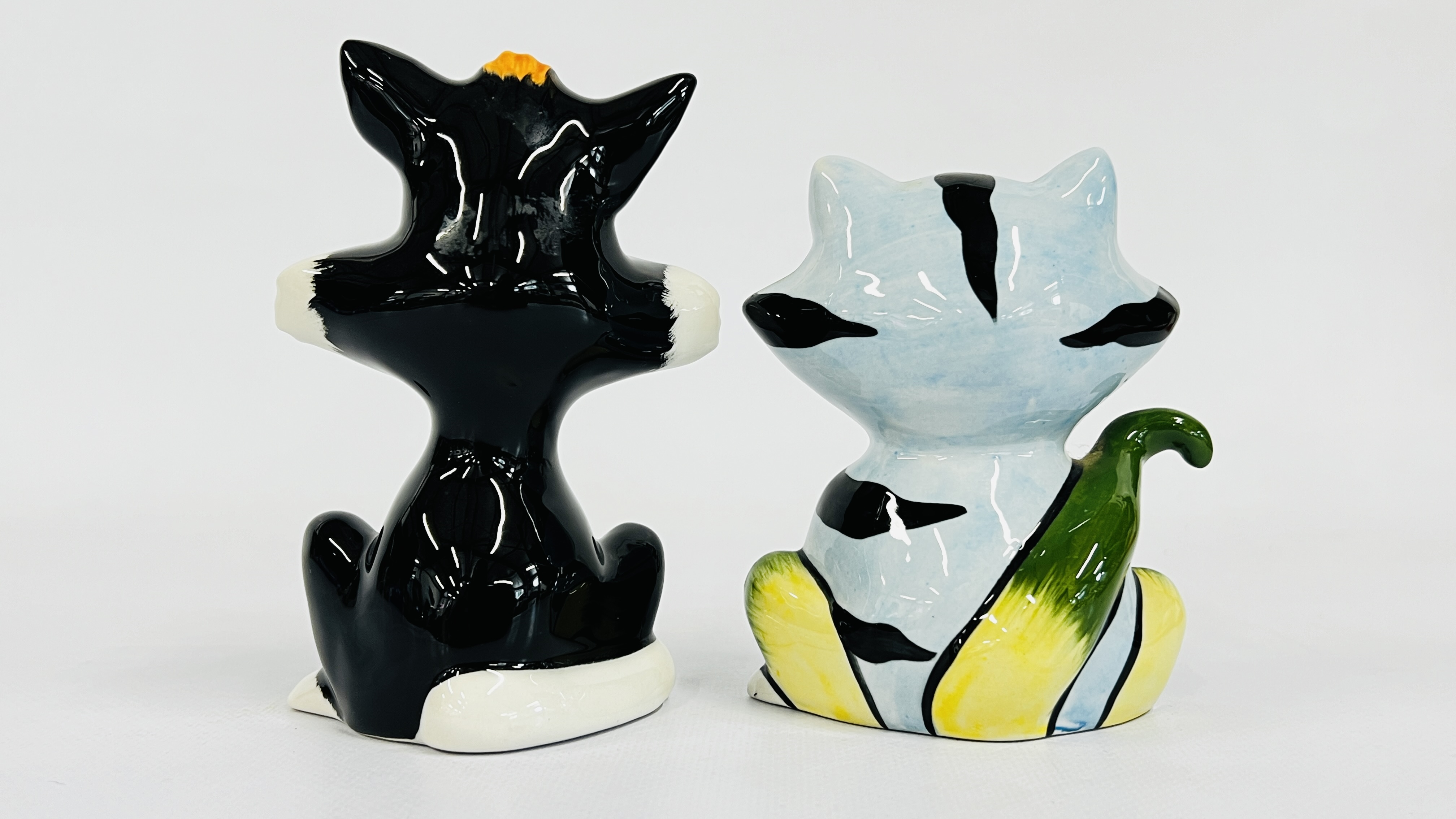 Artwork by Lorna Bailey, TWO LORNA BAILEY CAT ORNAMENTS TO INCLUDE "INKY" BEARING SIGNATURES H 12.5 & H 11.5CM, Made of INK