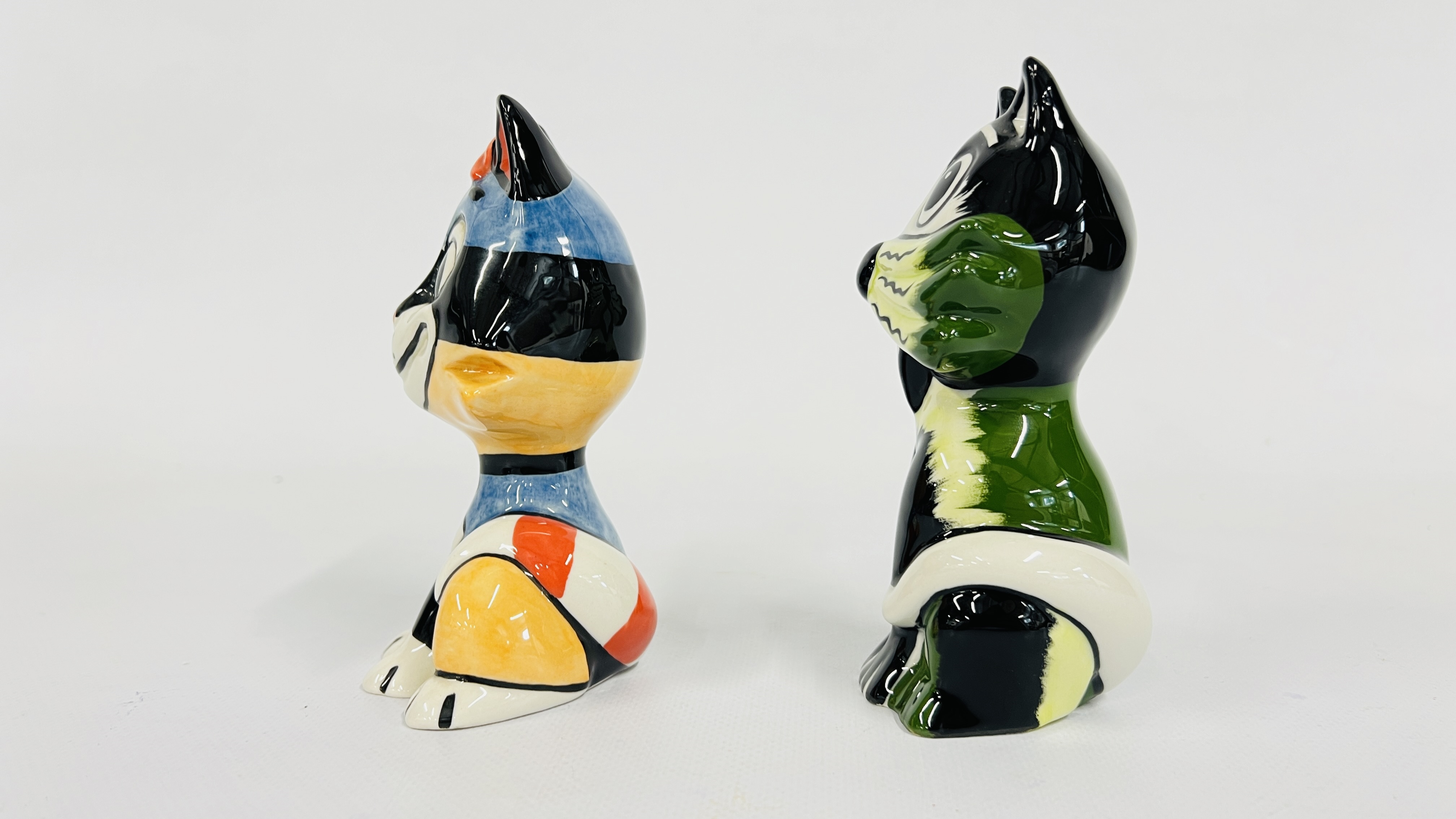 Artwork by Lorna Bailey, TWO LORNA BAILEY CAT ORNAMENTS BEARING SIGNATAURE H 13CM