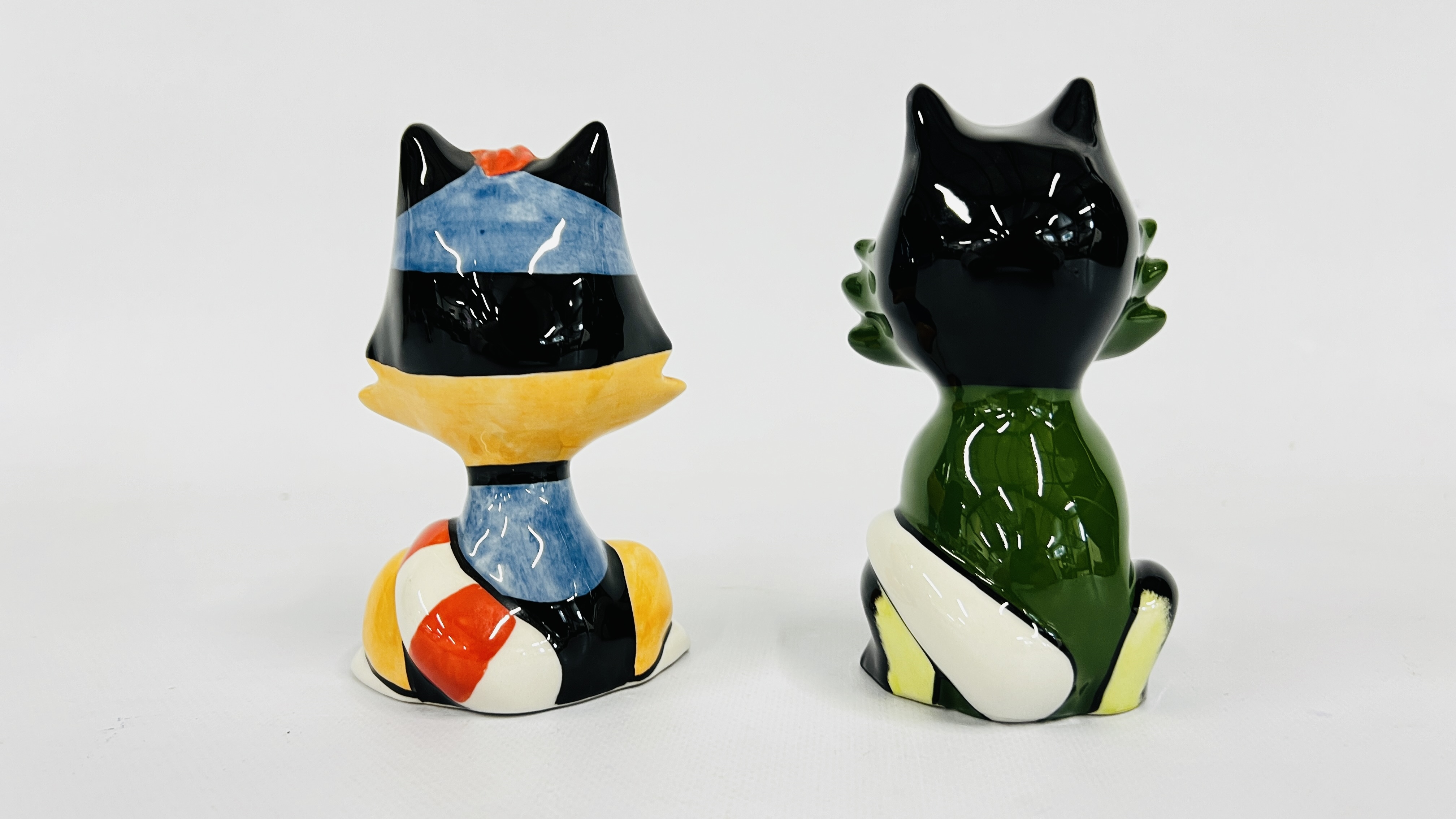 Artwork by Lorna Bailey, TWO LORNA BAILEY CAT ORNAMENTS BEARING SIGNATAURE H 13CM
