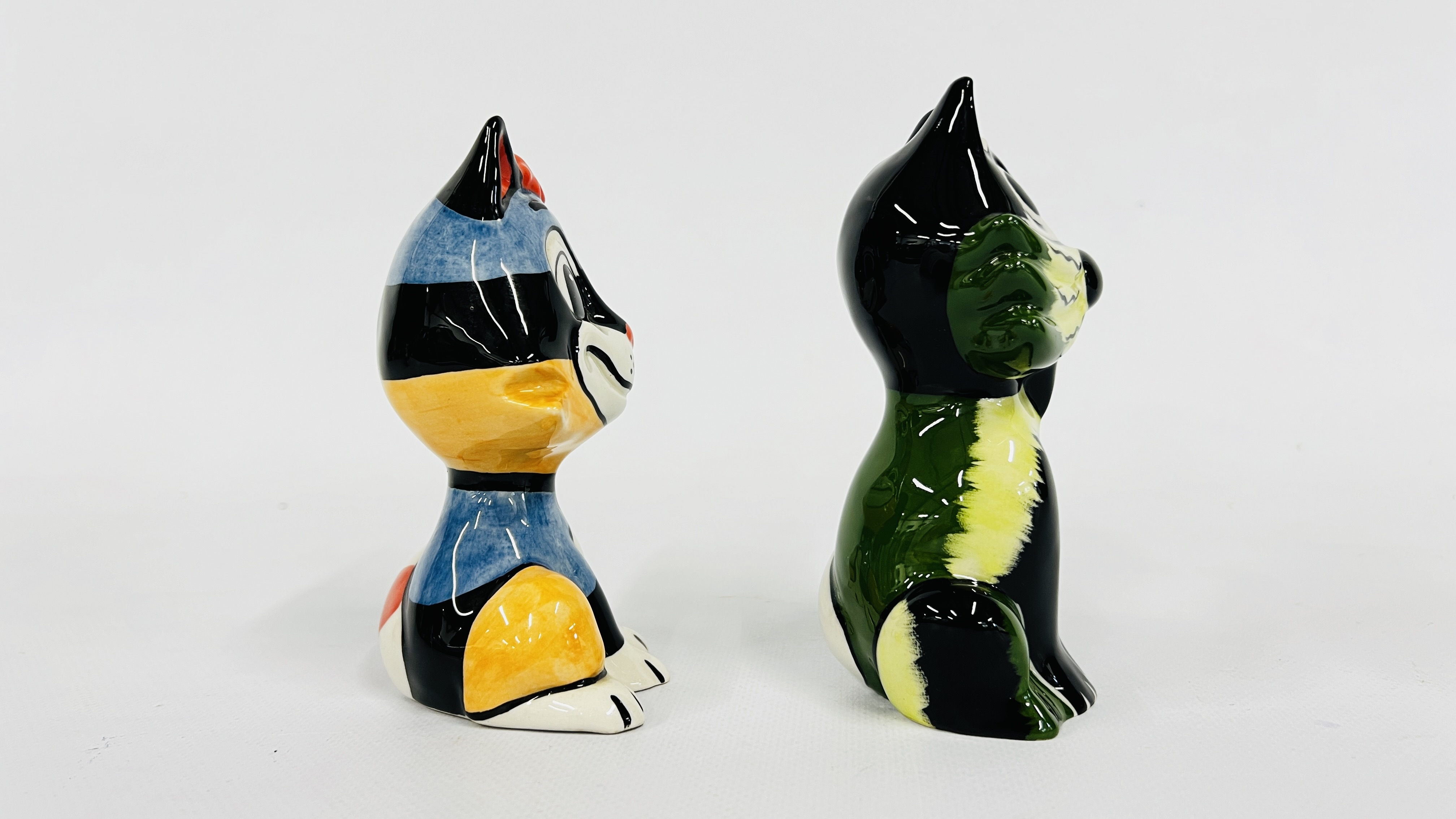 Artwork by Lorna Bailey, TWO LORNA BAILEY CAT ORNAMENTS BEARING SIGNATAURE H 13CM