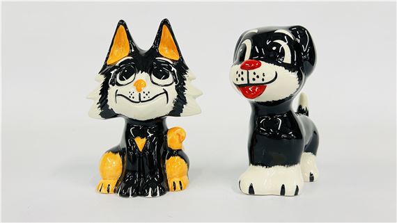 TWO LORNA BAILEY ORNAMENTS TO INCLUDE A CAT AND DOG BEARING SIGNATURE H 12CM + H 13CM by Lorna Bailey