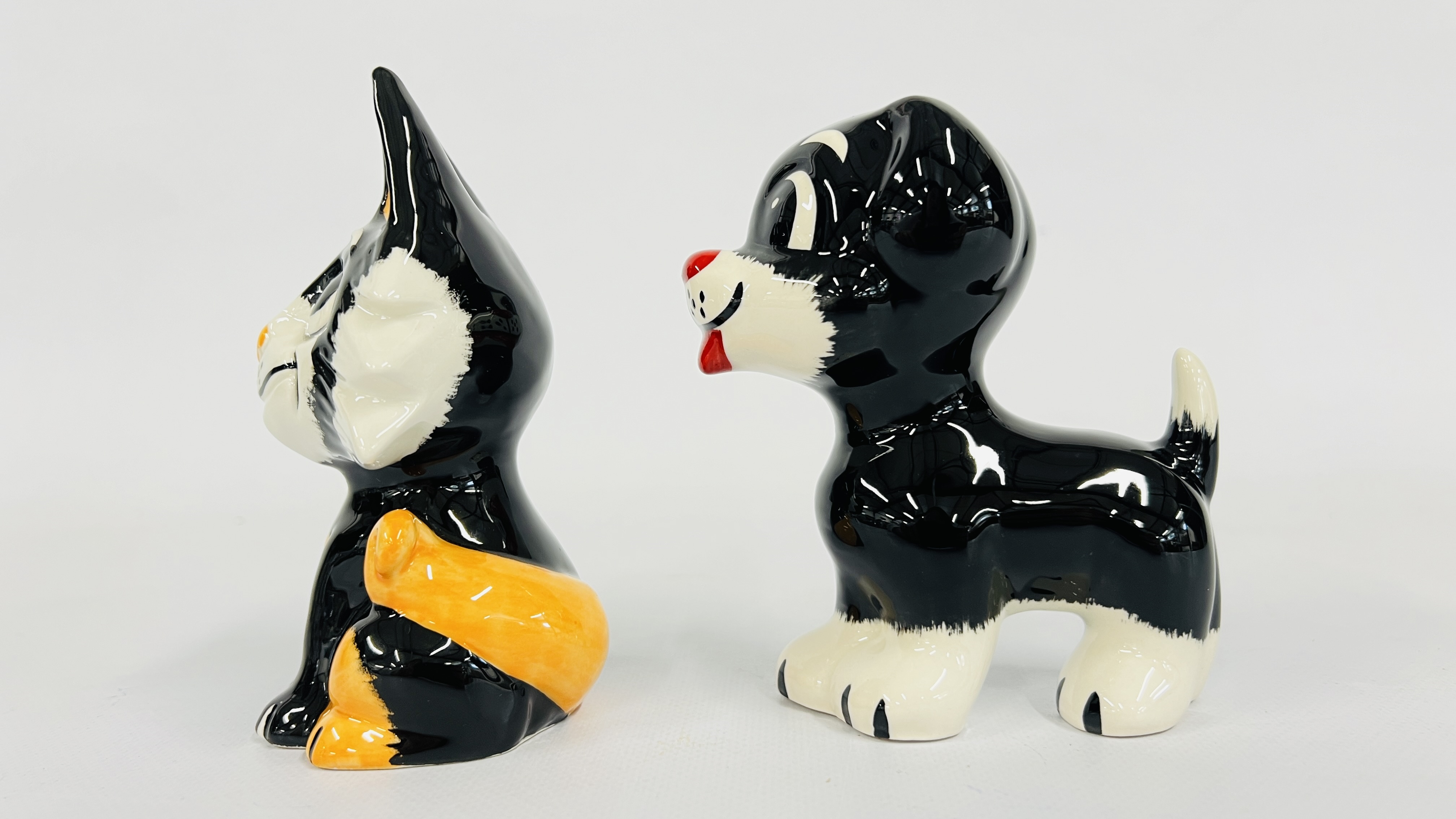 Artwork by Lorna Bailey, TWO LORNA BAILEY ORNAMENTS TO INCLUDE A CAT AND DOG BEARING SIGNATURE H 12CM + H 13CM
