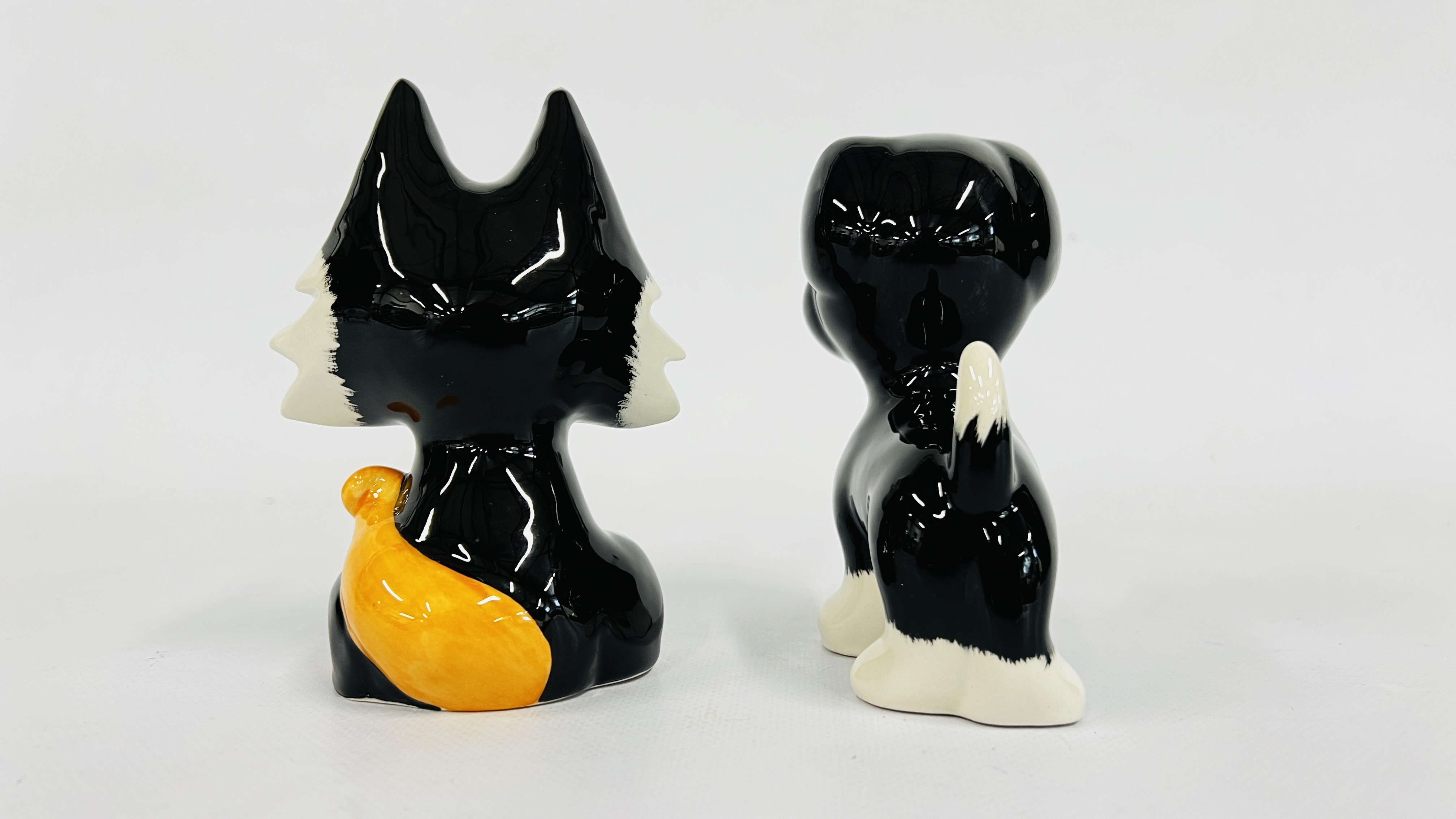 Artwork by Lorna Bailey, TWO LORNA BAILEY ORNAMENTS TO INCLUDE A CAT AND DOG BEARING SIGNATURE H 12CM + H 13CM