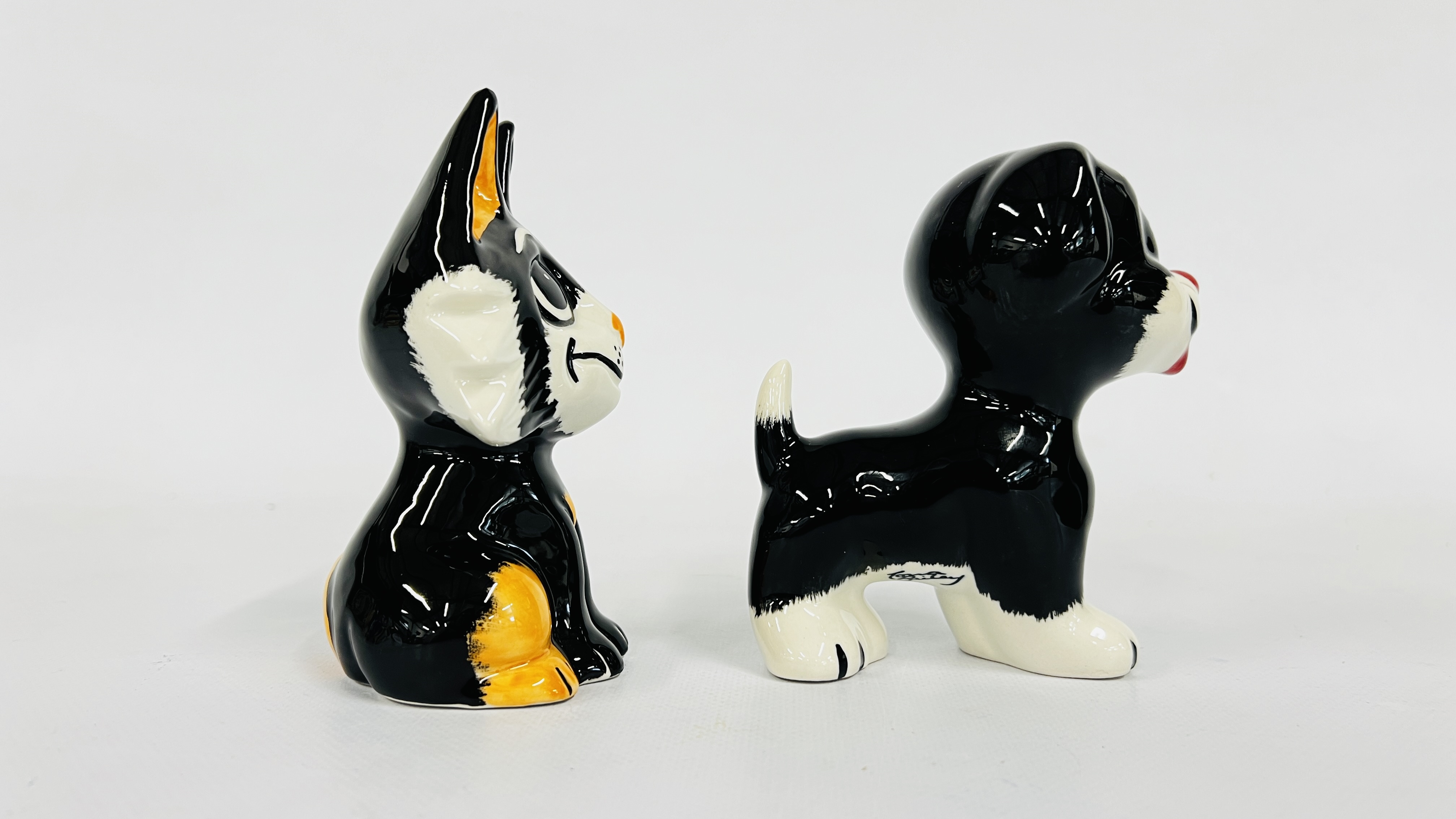 Artwork by Lorna Bailey, TWO LORNA BAILEY ORNAMENTS TO INCLUDE A CAT AND DOG BEARING SIGNATURE H 12CM + H 13CM