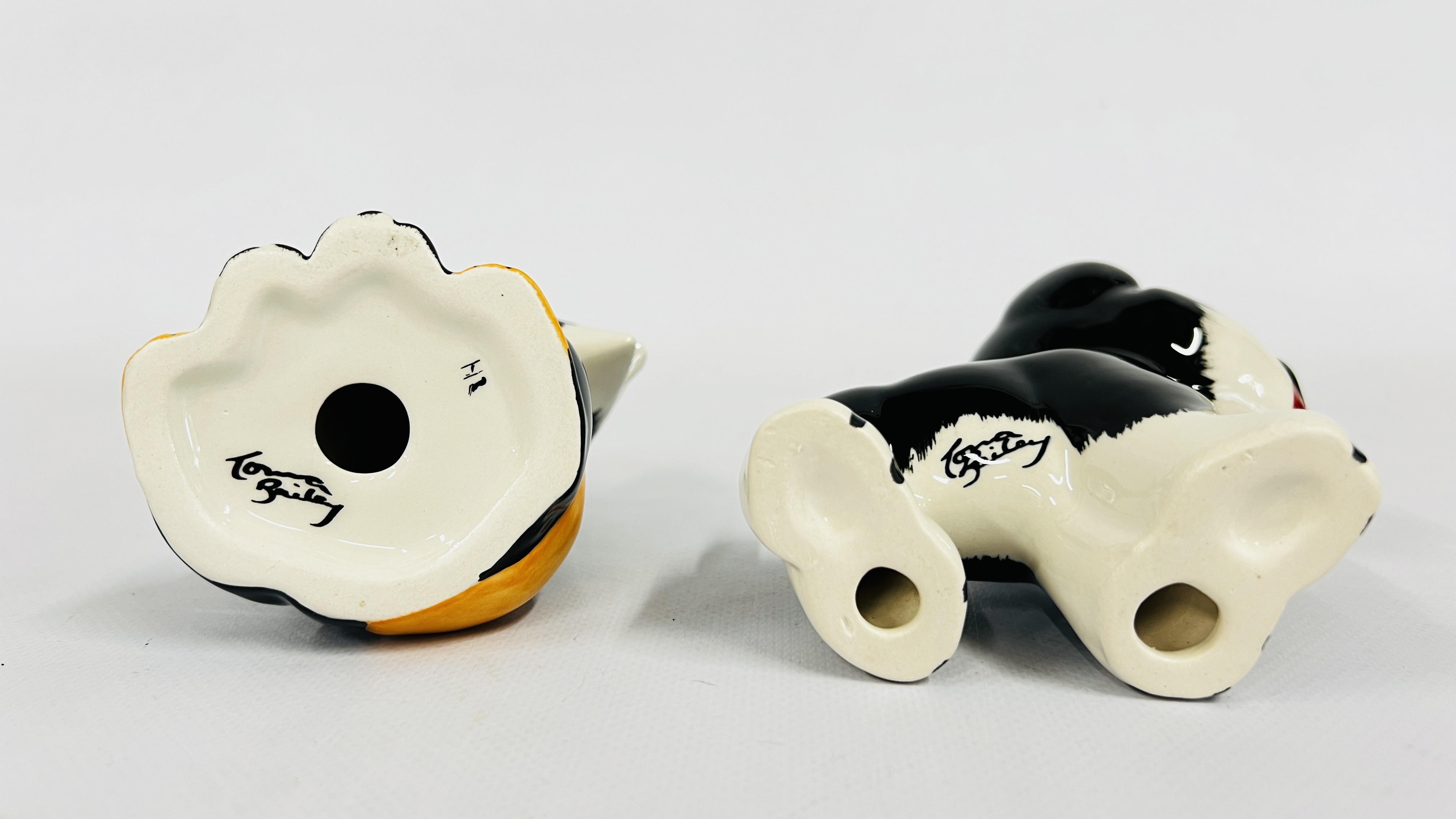 Artwork by Lorna Bailey, TWO LORNA BAILEY ORNAMENTS TO INCLUDE A CAT AND DOG BEARING SIGNATURE H 12CM + H 13CM