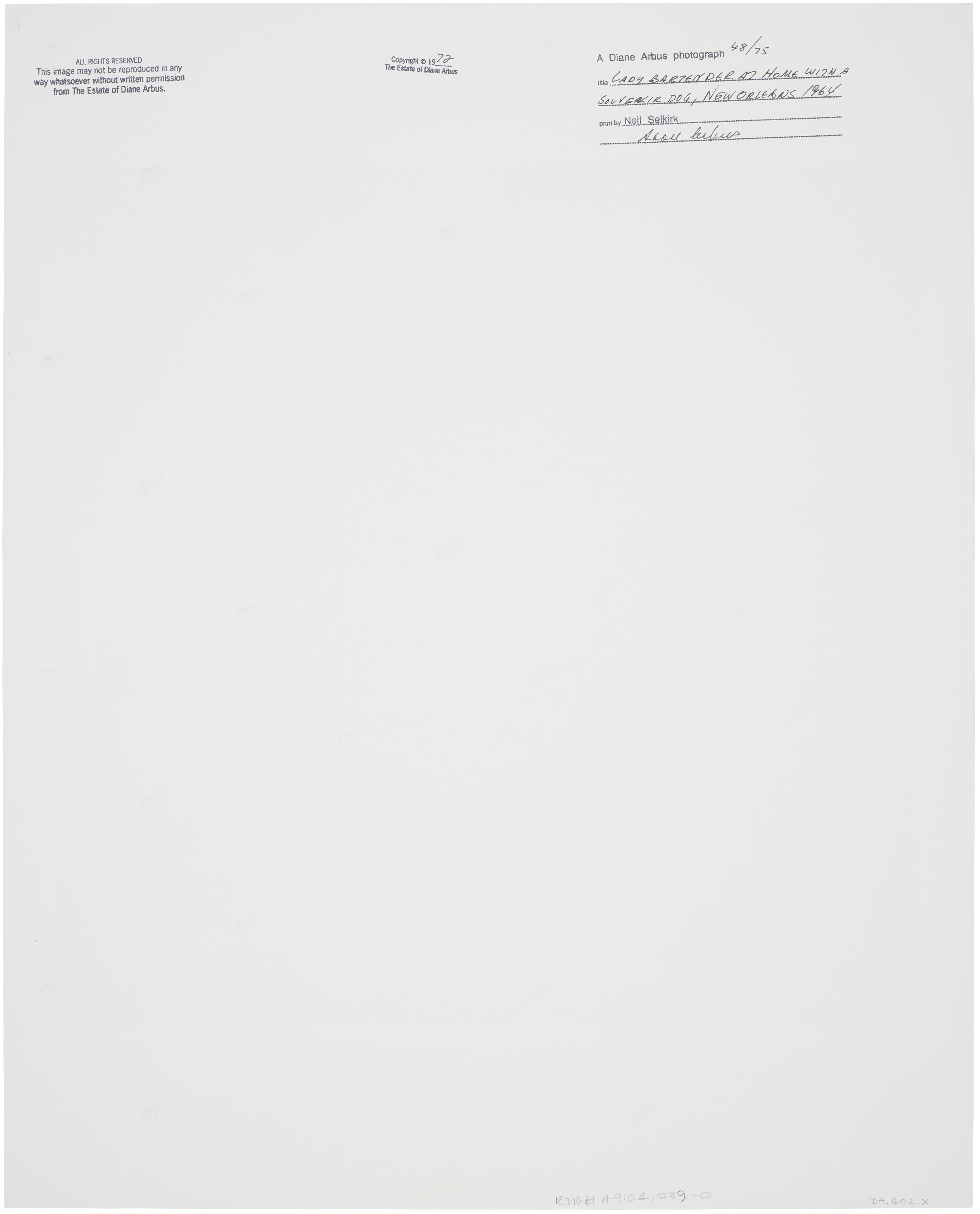 Artwork by Diane Arbus, Lady bartender at home with a souvenir dog, New Orleans, LA., 1964, Made of gelatin silver print