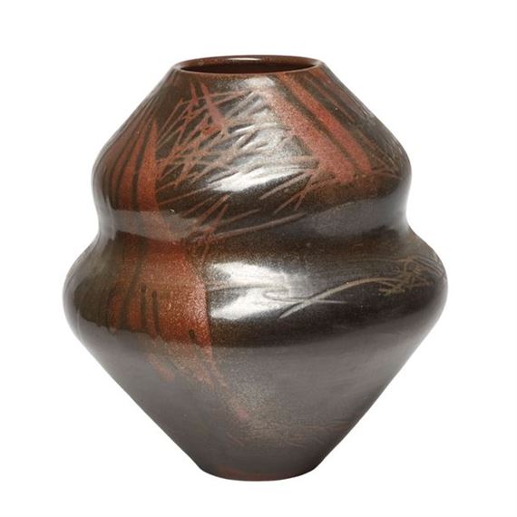 Large two-lobed stoneware vase with Asian-inspired decoration of scarified black enamel drips on a copper-red ground by Robert Deblander