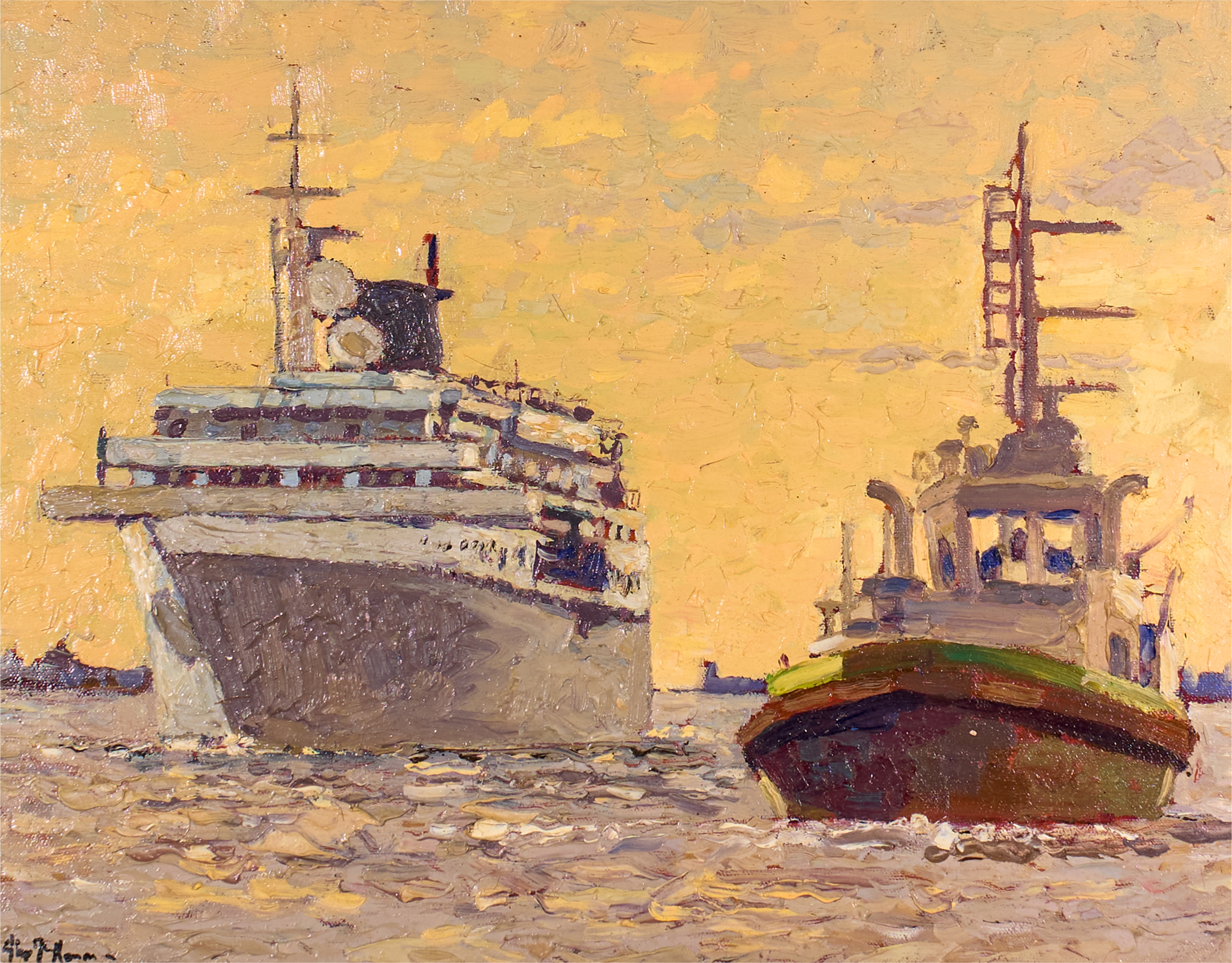 Artwork by Alex McKenna, Description : Cruise ship at the Liffey, Made of oil on canvas