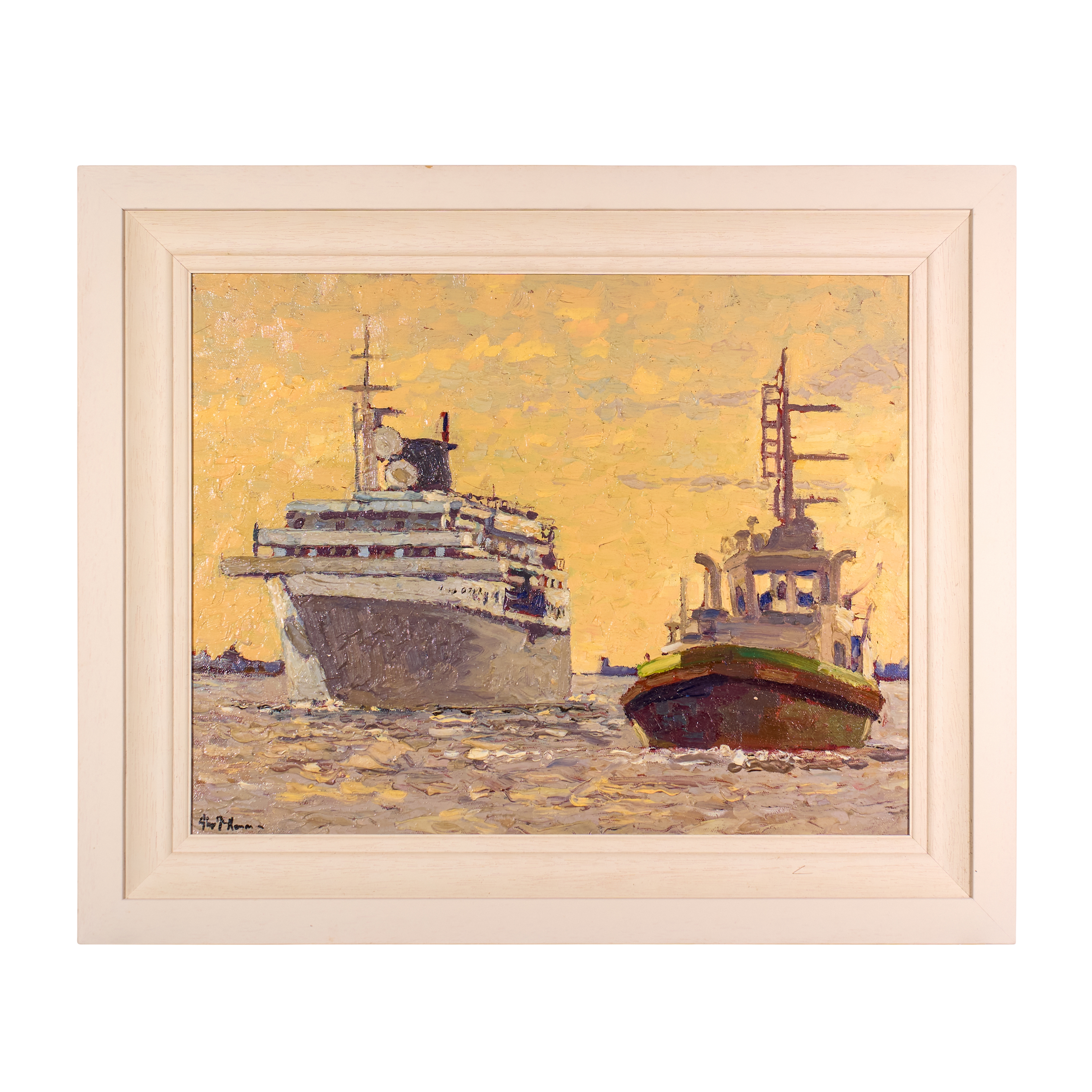 Artwork by Alex McKenna, Description : Cruise ship at the Liffey, Made of oil on canvas