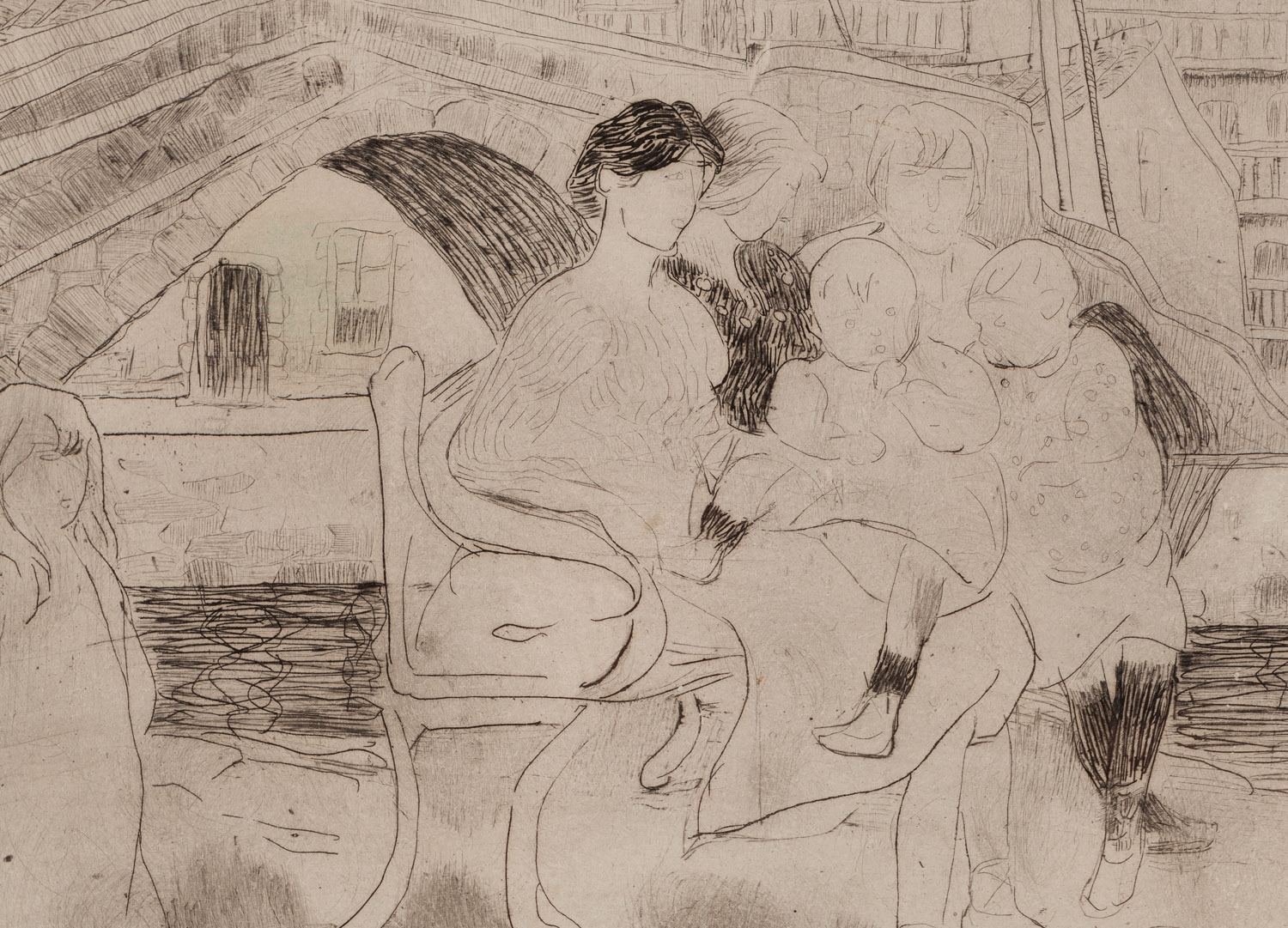 Artwork by Maria-Mela Muter, Group of kids near the old bridge in Ondarroa (Basque Country, Made of etching/paper