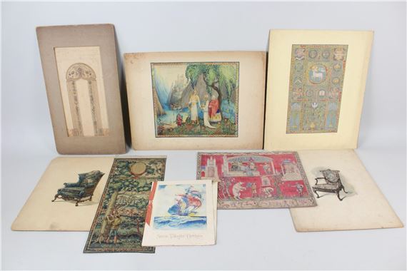 Collection of 8 Tapestry Design & Chairs Gouache Paintings by Lorentz Kleiser by Lorentz Kleiser, 1920