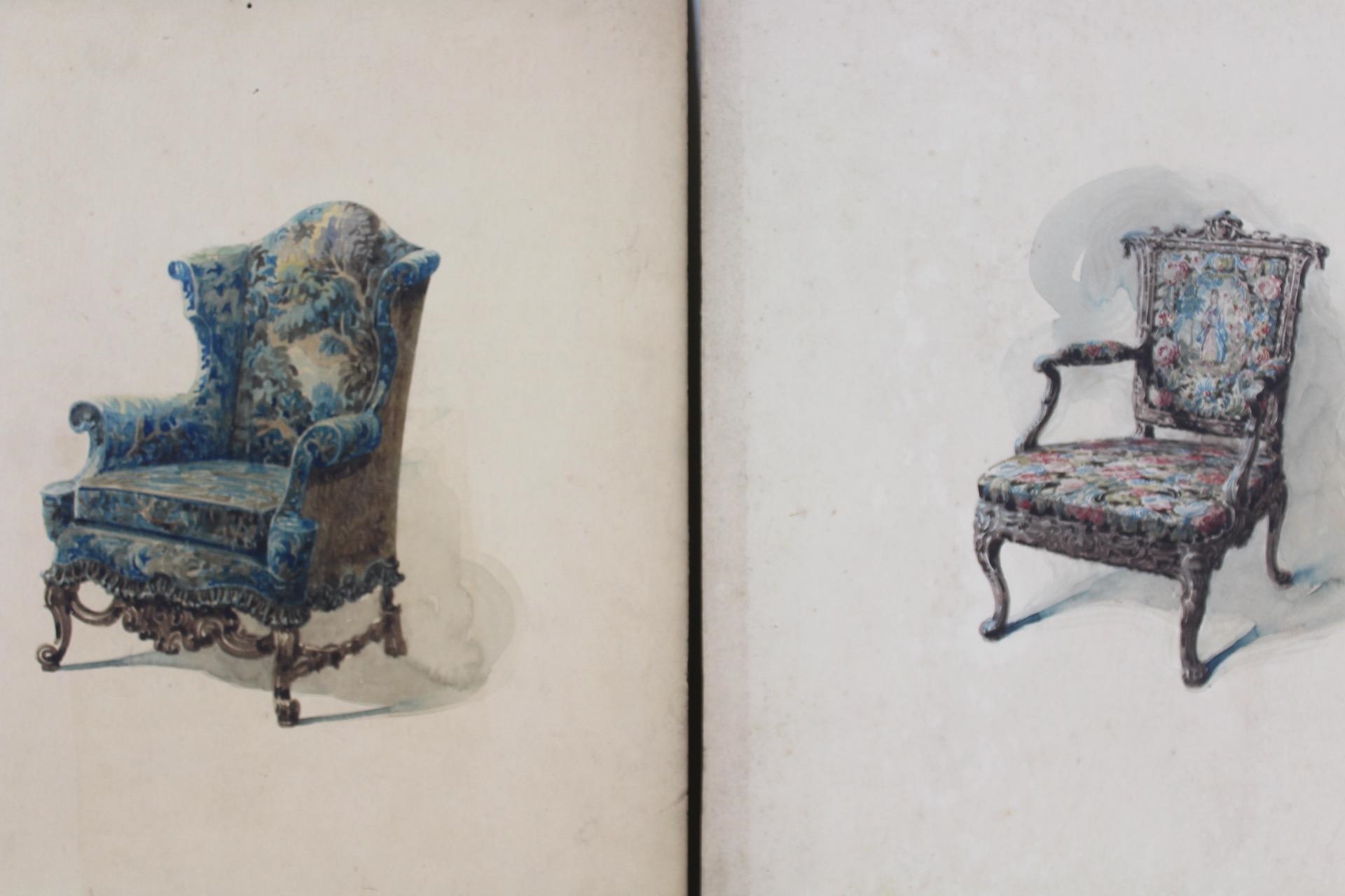 Artwork by Lorentz Kleiser, Collection of 8 Tapestry Design & Chairs Gouache Paintings by Lorentz Kleiser, Made of paintings on board