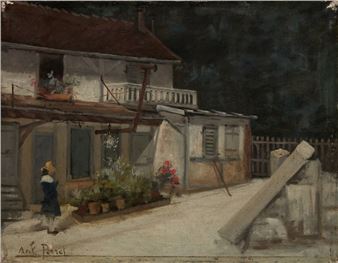 Cour animée au géranium Huile sur toile - Antoine Louis‏ Perret