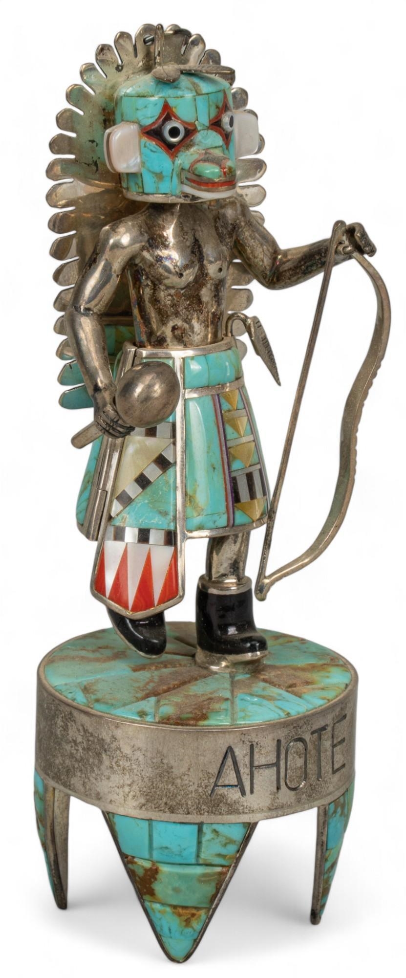 Artwork by David Freeland , Ahote" Sterling Kachina, Made of sterling silver Kachina figurine with turquoise
