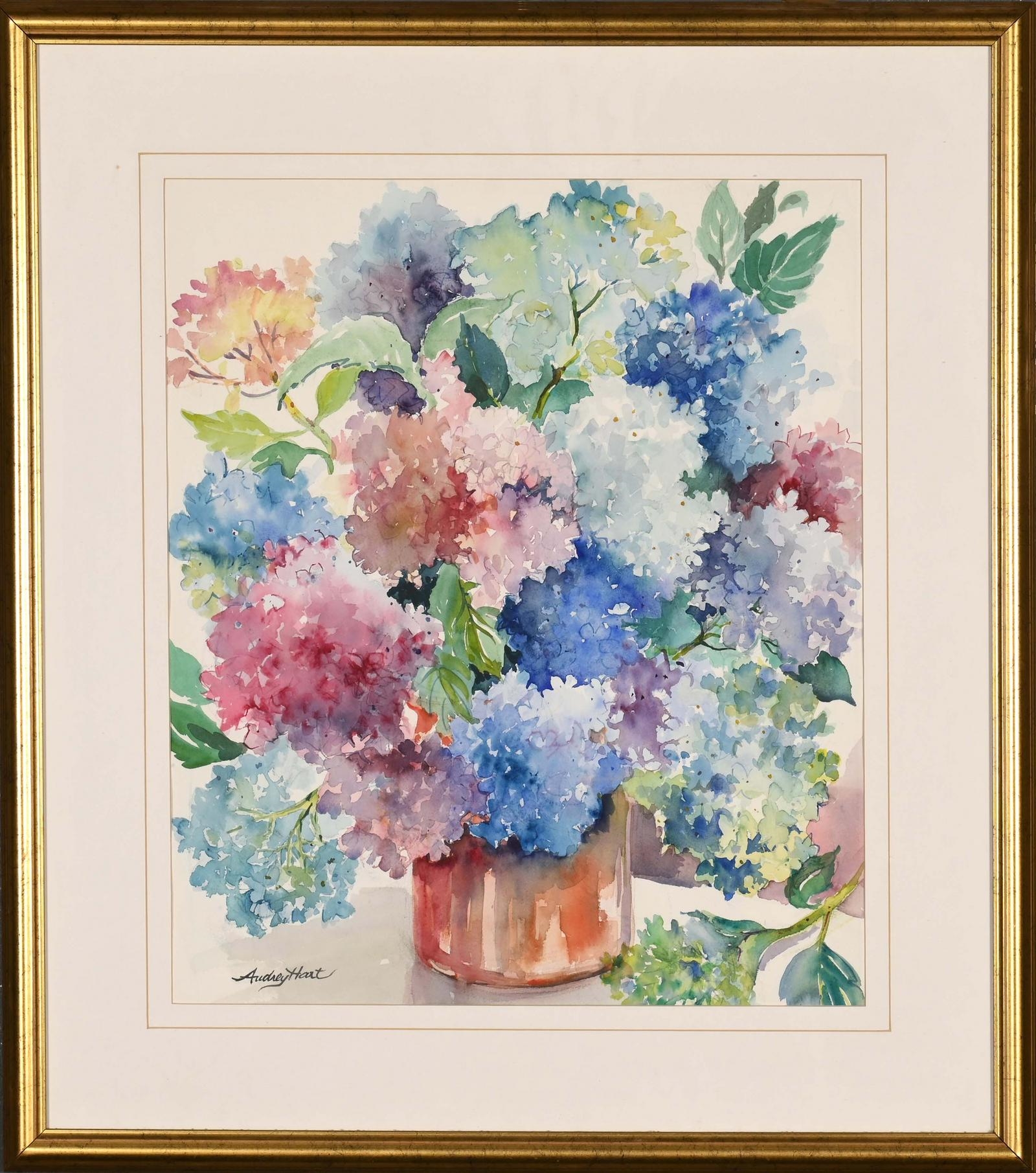 Artwork by Audrey Hart, Audrey Hart (South Africa, 20th C.), Still Life with Hydrangeas, Made of watercolour on paper