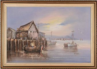 Signed V. Singer, Fishing Boats and Houses on the Pier - V. Singer