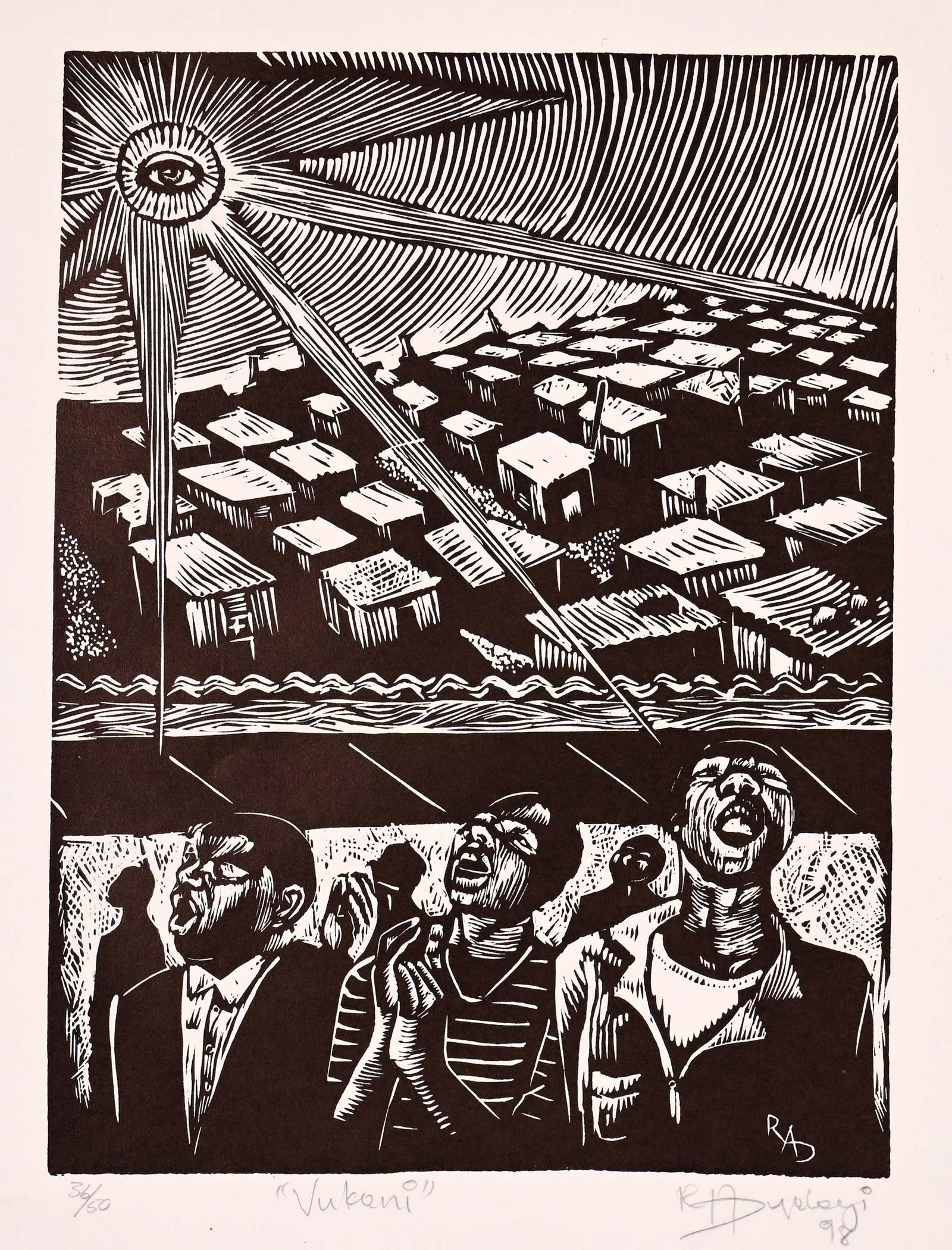 Artwork by Ricky Dyaloyi, Ricky Dyaloyi (South Africa, 1974 - ), Vukani, Made of linocut