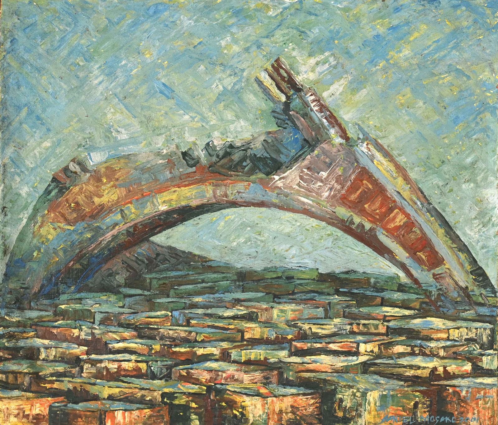 Artwork by Daniel Mosako, Daniel Mosako (South Africa, 1970 - ), Arch Over Settlement, Made of oil on board