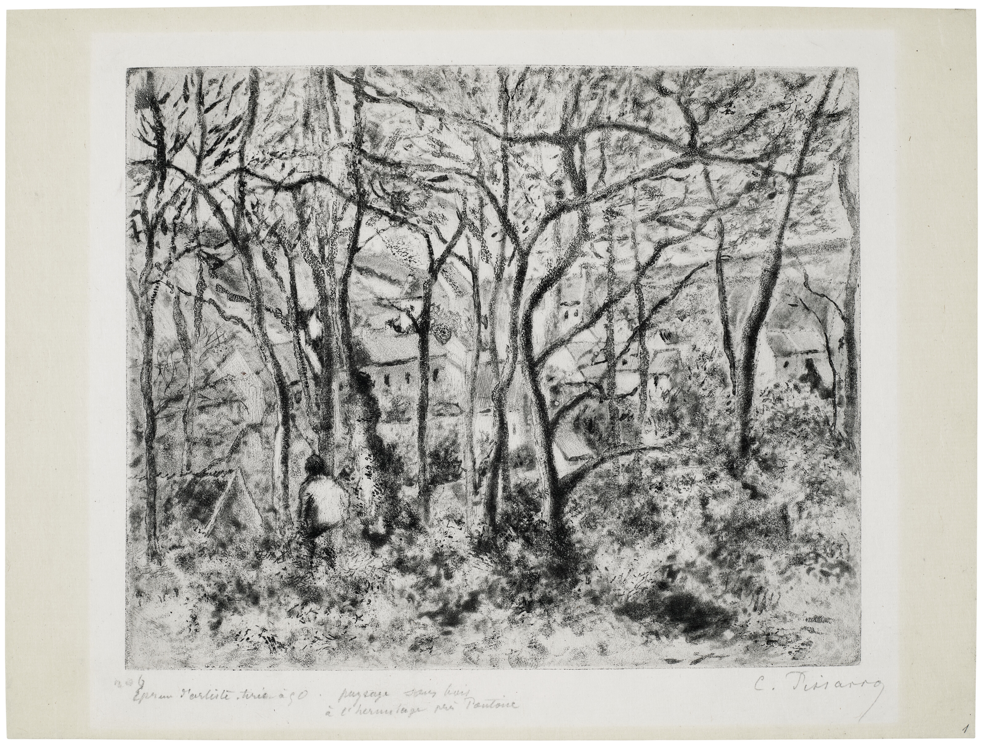 Artwork by Camille Pissarro, Paysage sous bois, à l'Hermitage (Pontoise) (Woodlands at the Hermitage, Made of soft ground etching, aquatint and drypoint on Japan vergé paper