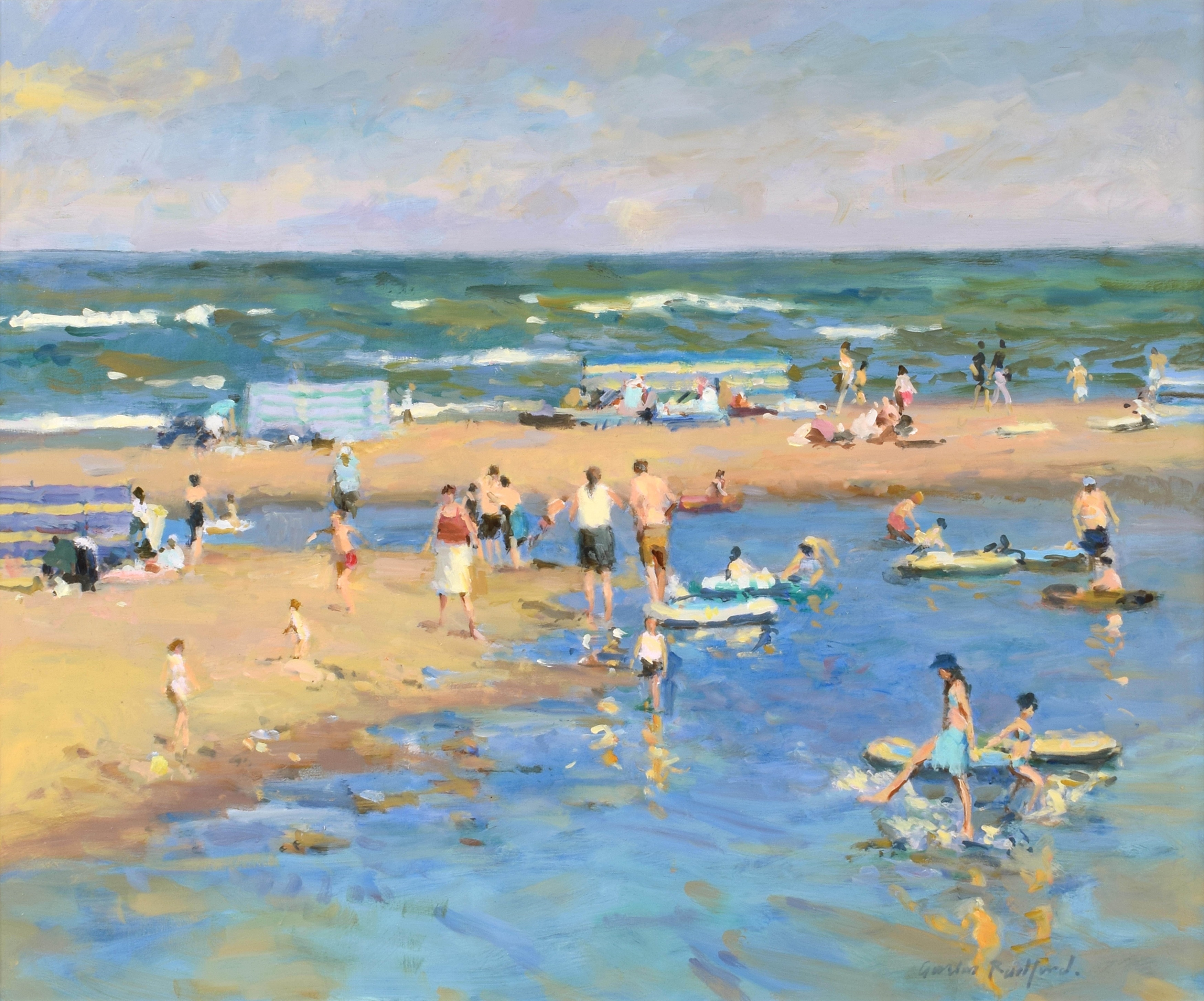 Artwork by Gordon Radford, Sandsend, Made of oil on board