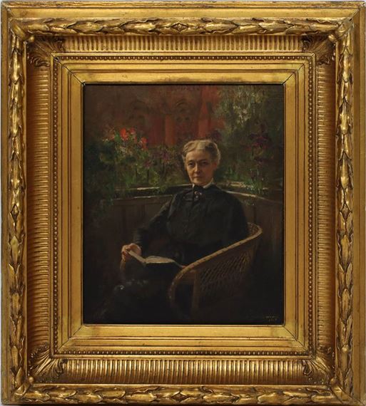 Lesende Dame, in Korbstuhl auf einem blühendem Balkon by Bernhard Zickendraht, 1919