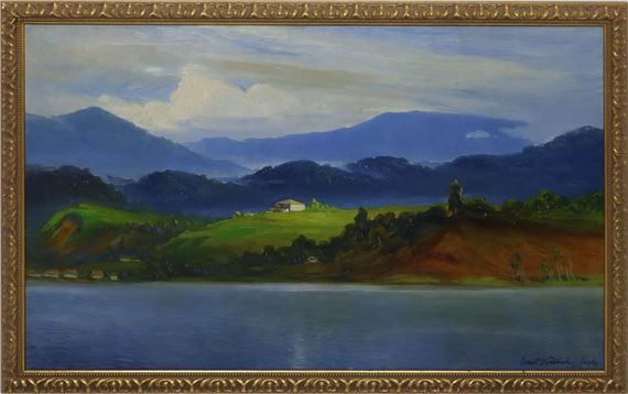 A serene landscape painting featuring a lake, rolling hills, and distant mountains under a cloudy sky.