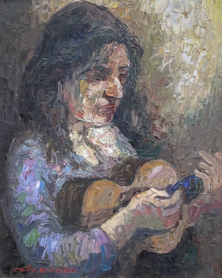 Artwork by Rolly Sheffer, The guitar player, Made of Oil on masonite