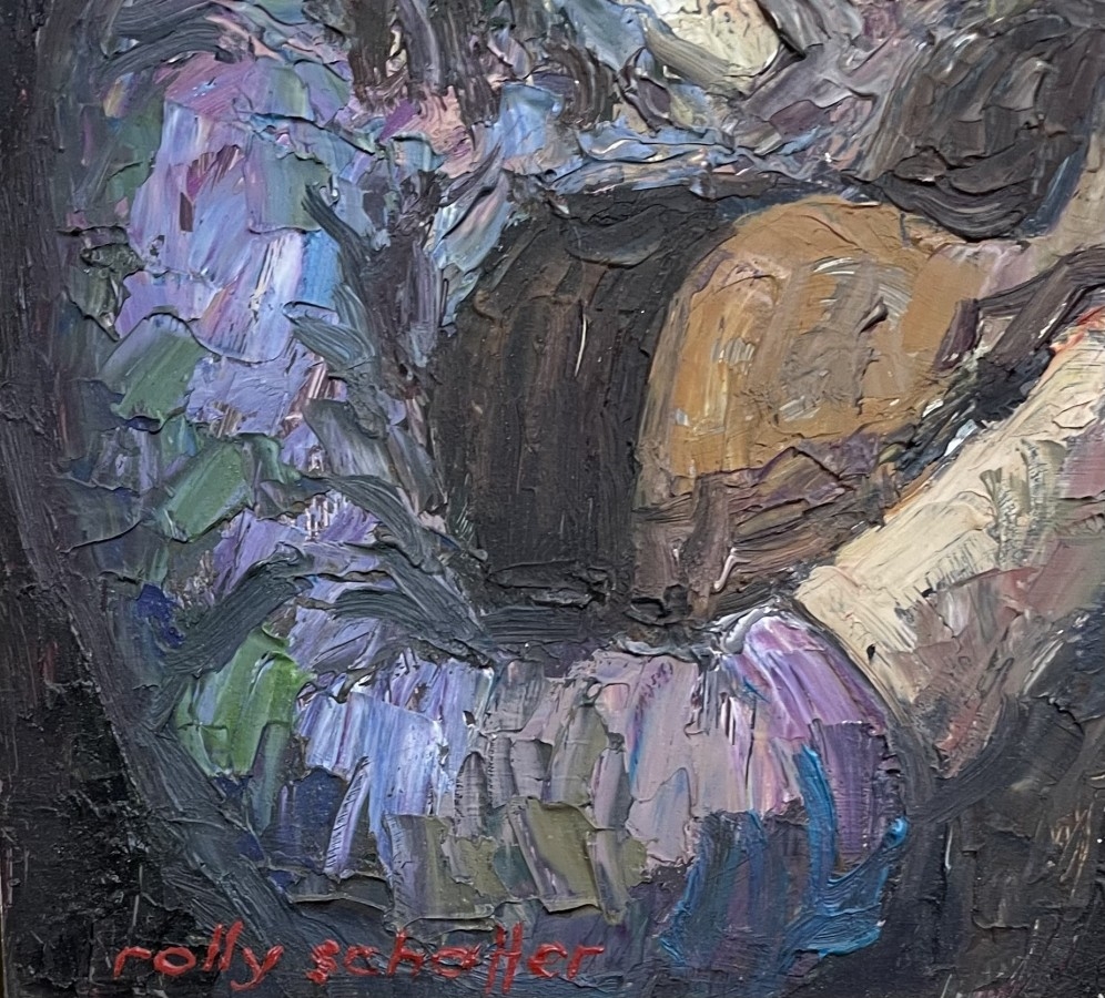 Artwork by Rolly Sheffer, The guitar player, Made of Oil on masonite
