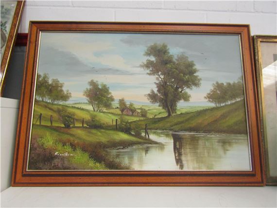 R. Miller | R MILLER: depicting a lakeside dwelling in field | MutualArt