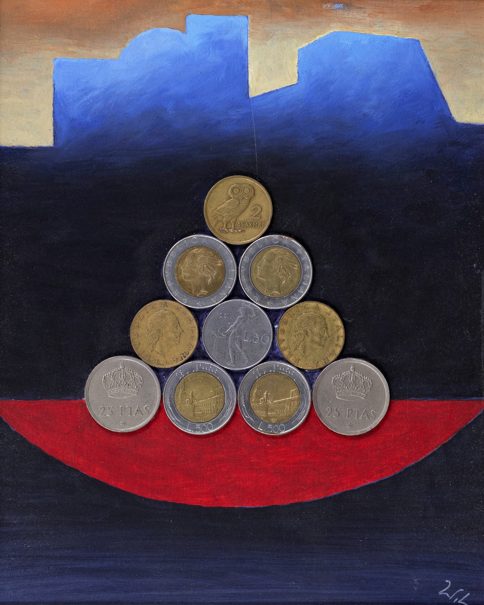 Artwork by Walter Lederer, Tetraktys", Made of Mischtechnik mit Geldmünzen auf Hartfaser