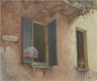 2015) oil on canvas - Continental exterior scene with two louvre doors - Derrick Jennings