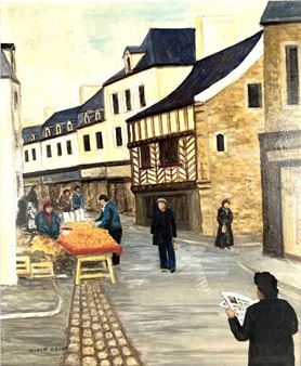A street scene in a European town with market activity and pedestrians.