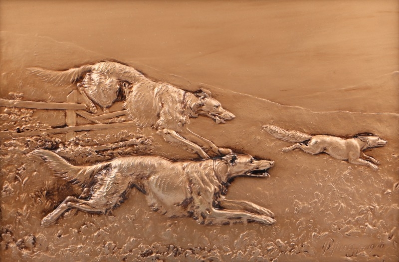 Artwork by Oskar Pflug, Três setters, Made of patinated high relief plaque