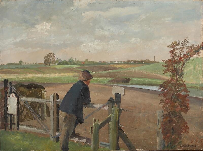 Artwork by Eiler Sørensen, Scenery with a farmer looking towards the fields, Made of Oil on canvas
