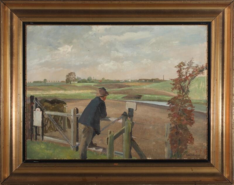 Artwork by Eiler Sørensen, Scenery with a farmer looking towards the fields, Made of Oil on canvas