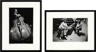 Two b/w portrait photographs of jazz musicians Charles Mingus and Oscar Peterson/Count Basie - Gorm Valentin