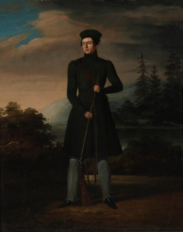 Artwork by Carl Johan Sjöstrand, A young hunter in a long green coat standing by a river, Made of Oil on canvas