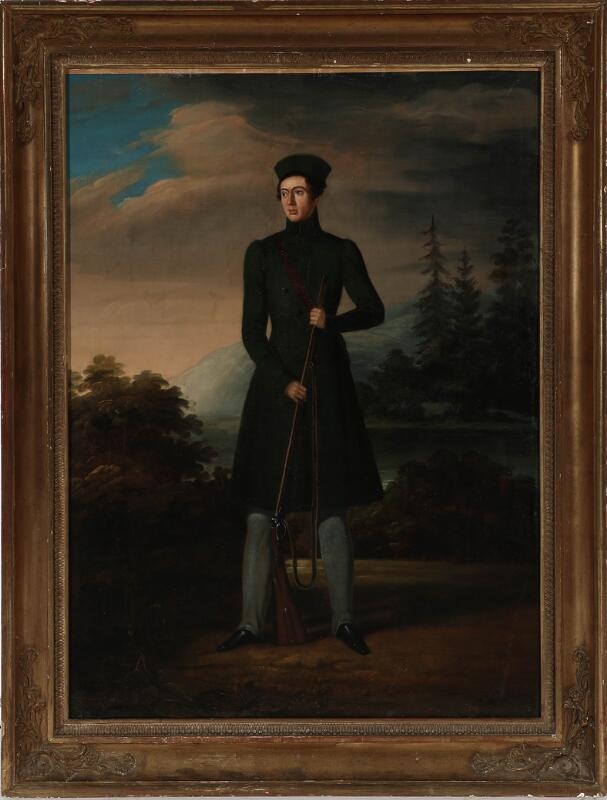 Artwork by Carl Johan Sjöstrand, A young hunter in a long green coat standing by a river, Made of Oil on canvas