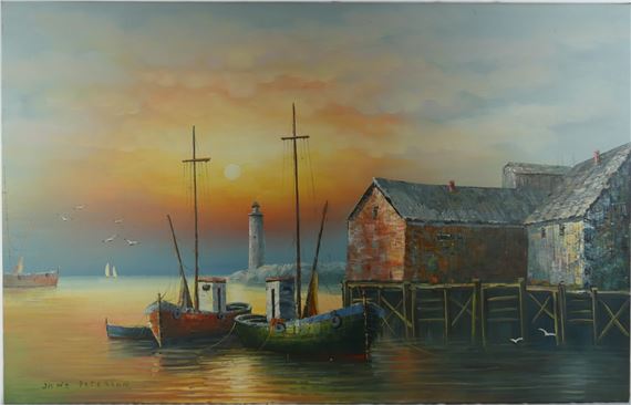 Jane Peterson | HARBOR SCENE OIL PAINTING ON CANVAS SIGNED | MutualArt