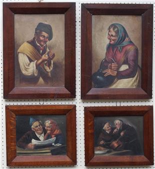 Vitale ( Italian 1875-1933) An elderly gentleman lighting a pipe and an elderly lady holding a cooking pot - Ferruccio Vitale