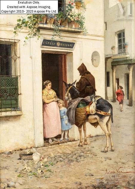 Artwork by Jose de la Vega y Marrugal, Le moine devant une mère de famille, Made of oil on canvas