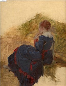 Etude de jeune femme assise à la robe bleue et rouge Picture